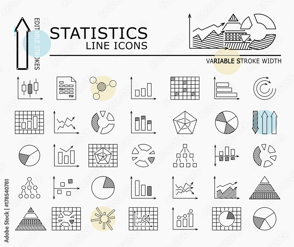 Statistics line icons with minimal nodes and editable stroke width and style