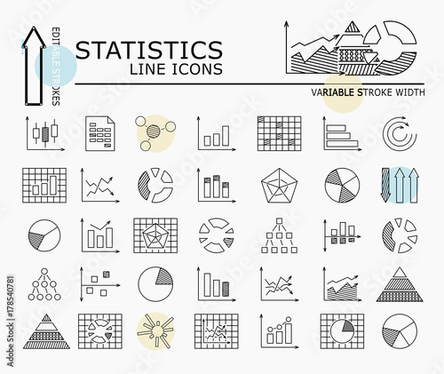 Statistics line icons with minimal nodes and editable stroke width and style