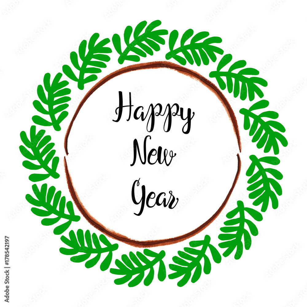 Happy New Year lettering greeting wreath