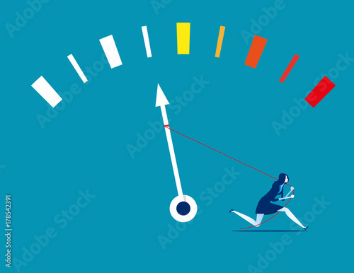 Businesswoman trying to pulling to the maximum energy value. Concept business vector illustration. Flat design style.