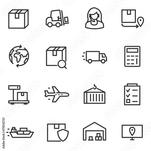 Logistics, icon set, transportation and delivery of goods.line with editable stroke.Collection of linear icons