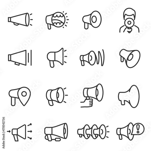 Megaphone icons set, collection in a linear style. Megaphones of various shapes. Line with editable stroke
