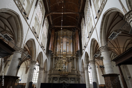 The two organs inside the Church of St. Lawrence (Grote Kerk or Great Church) in Alkmaar, Netherlands.. © wjarek