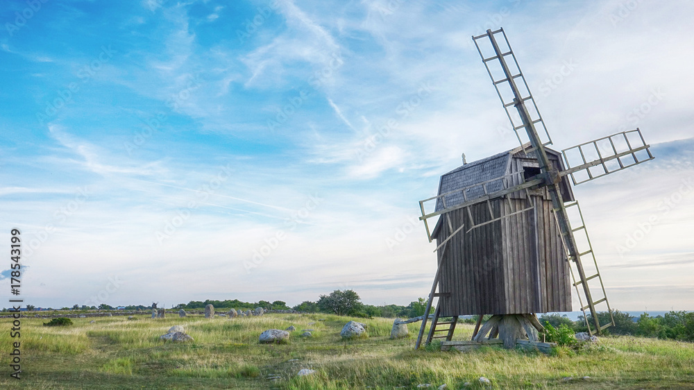 Old Wooden Windmills on Beautiful Landscape. Oland, Sweden.
