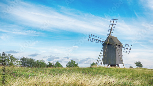 Old Wooden Windmills on Beautiful Landscape. Oland, Sweden.