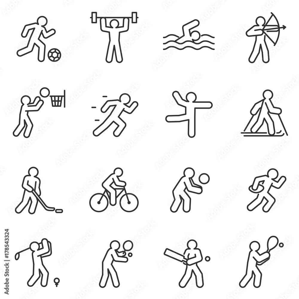 Sport, icon set. Different kinds of sports. linear design. lines with editable stroke
