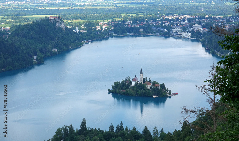 Scenic view of Church on the Island Bled in the Julian Alps in Slovenia