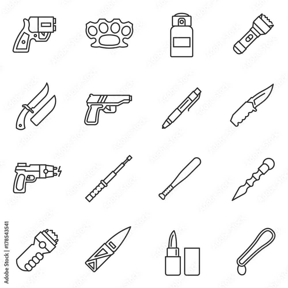 Means of self-defense icon set. Rifle and ranged weapons. Isolated vector Illustration in linear design. Line with editable stroke Means of self-defense icon set. Rifle and ranged weapons. Isolated vector Illustration in linear design. Line with editable stroke
