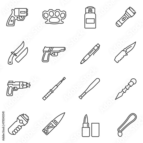 Means of self-defense icon set. Rifle and ranged weapons. Isolated vector Illustration in linear design. Line with editable stroke