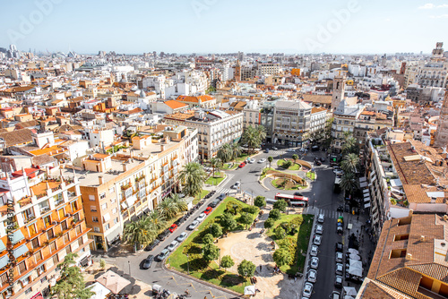Top cityscape view on the old town with Reina main square in Valencia city during the sunny day in Spain