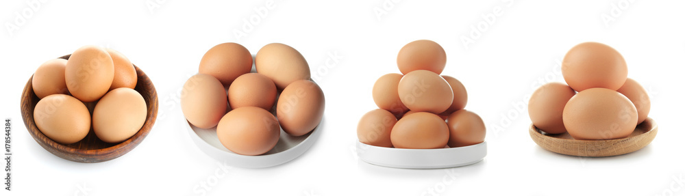 Collage with chicken eggs on white background Collage with chicken eggs on white background