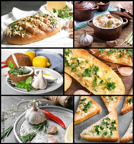 Collage of different dishes with garlic