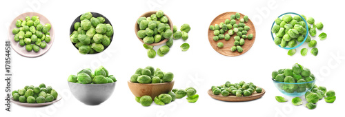 Collage of brussel sprouts in different dishware on white background