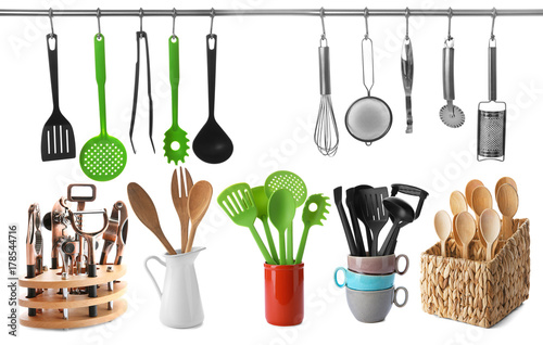 Set of cooking utensils on white background