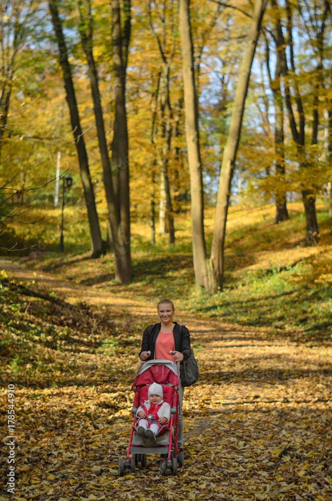 Young mother walking with her baby and carries it in a stroller