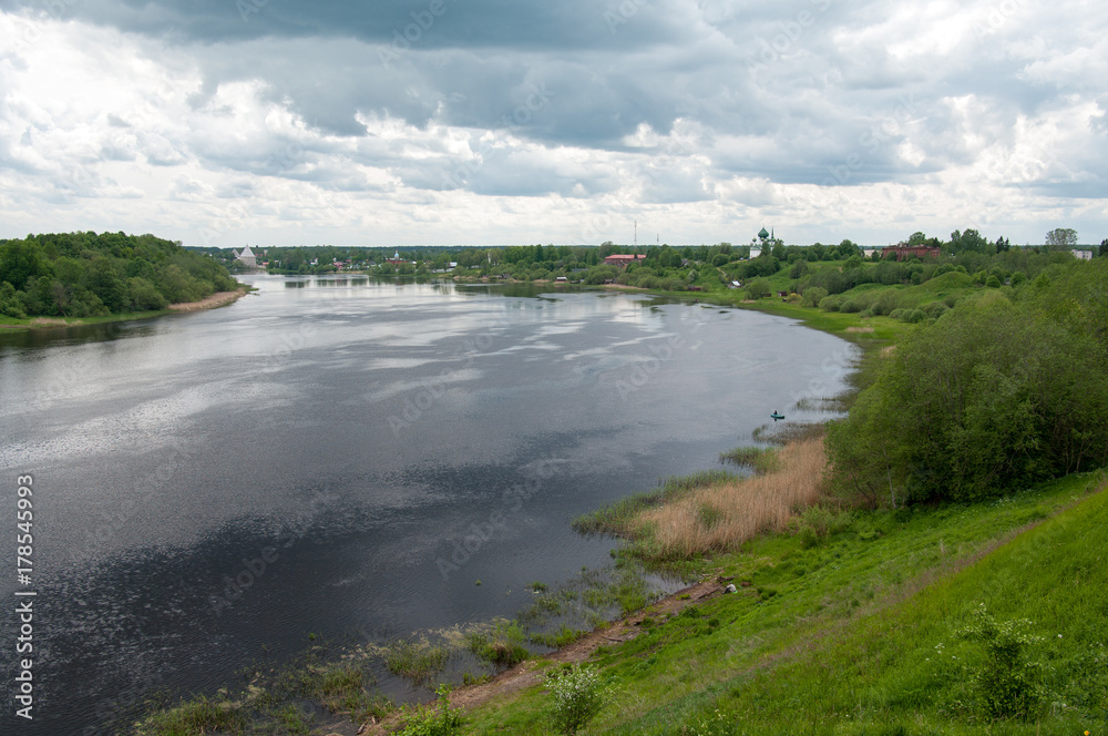 The Volkhov river and the village of Staraya Ladoga, view from the hill of prophetic Oleg, village of Staraya Ladoga, Volkhov district, Leningrad region, Russian Federation