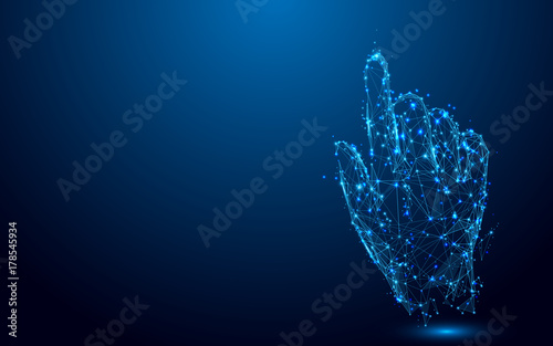 Hand touch something from lines and triangles, point connecting network on blue background. Illustration vector