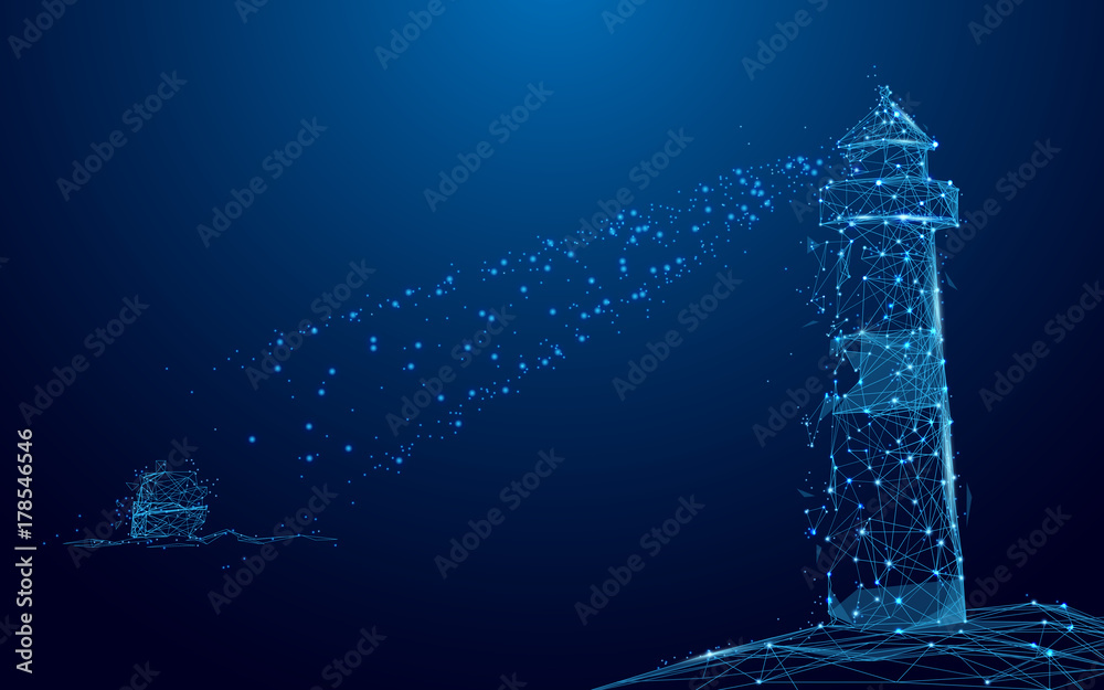 Obraz premium Lighthouse searchlight beam through Yacht in the sea from lines and triangles, point connecting network on blue background. Illustration vector