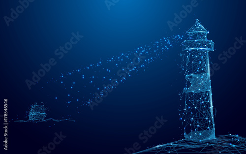 Lighthouse searchlight beam through Yacht in the sea from lines and triangles, point connecting network on blue background. Illustration vector photo