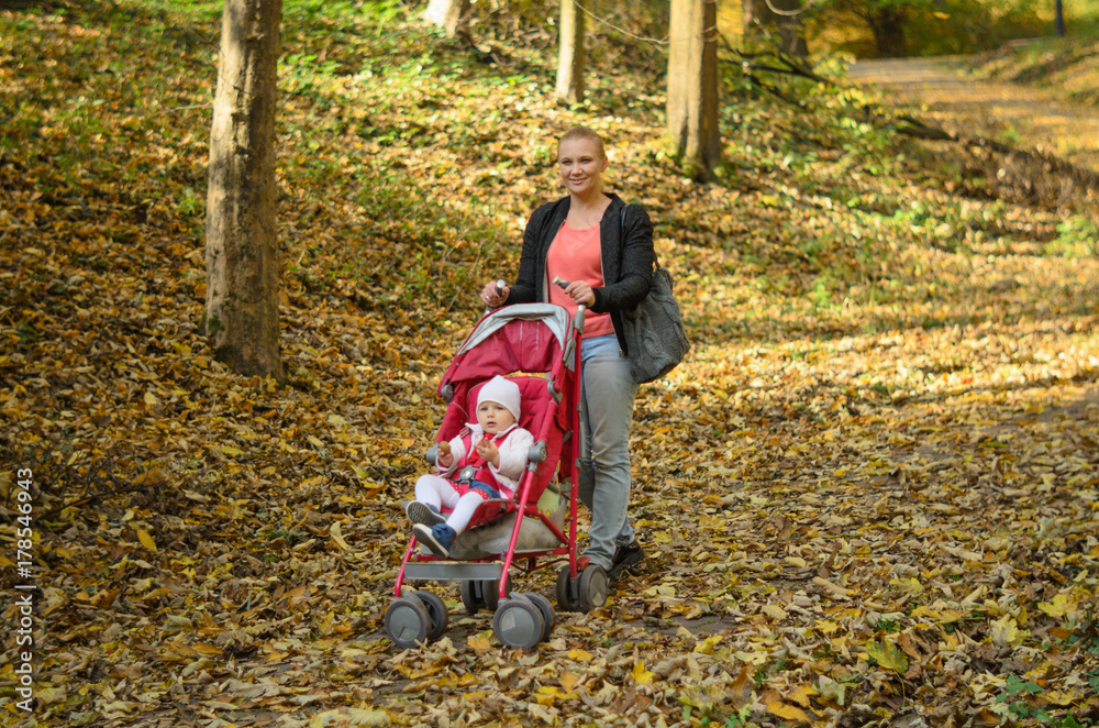 Young mother walking with her baby and carries it in a stroller