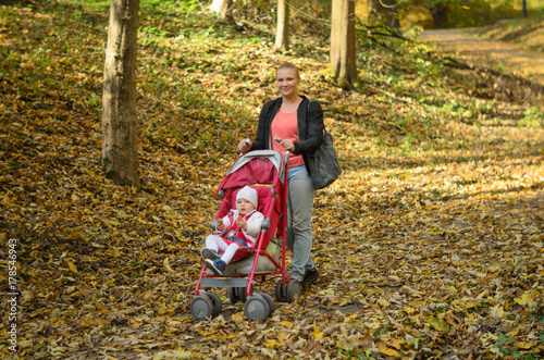 Obraz na płótnie Young mother walking with her baby and carries it in a stroller w salonie