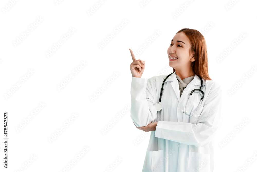 Women doctor pointed her finger and looking at beside and with stethoscope on white isolated background. Medical and Healthcare concept. People and Technology theme. Women doctor pointed her finger and looking at beside and with stethoscope on white isolated background. Medical and Healthcare concept. People and Technology theme.