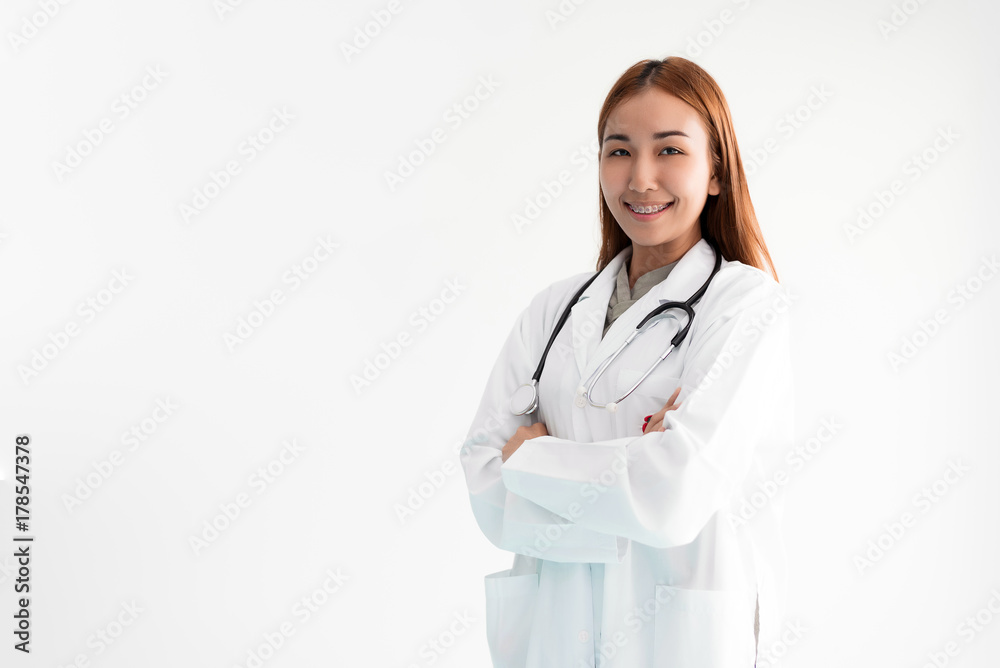 Asian Woman Doctor is standing arms crossed with stethoscope on white background. Medical and Healthcare concept. Hospital and people theme. Asian Woman Doctor is standing arms crossed with stethoscope on white background. Medical and Healthcare concept. Hospital and people theme.