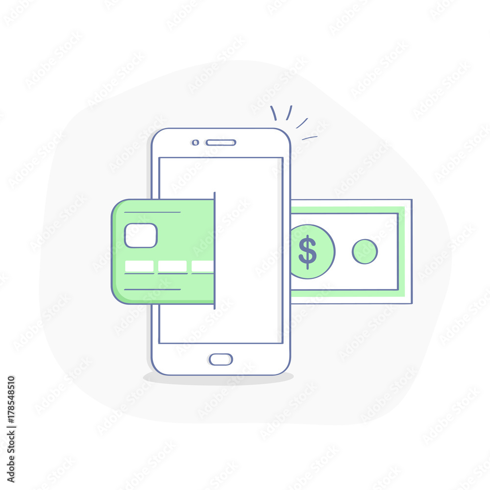 Mobile payment, pay with credit card and smartphone. Contactless, NFC payment,  money transfer illustration concept. Flat outline creative vector concept.