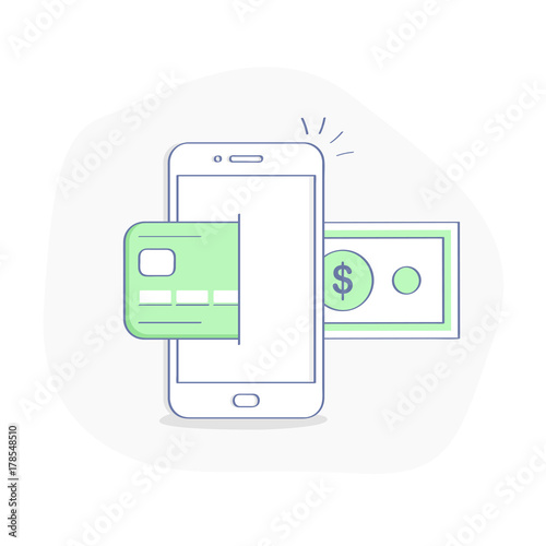 Mobile payment, pay with credit card and smartphone. Contactless, NFC payment,  money transfer illustration concept. Flat outline creative vector concept.