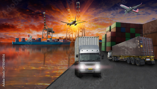 truck ship airplane with container vassel on sunlight background concept team worker logistic transportation . photo