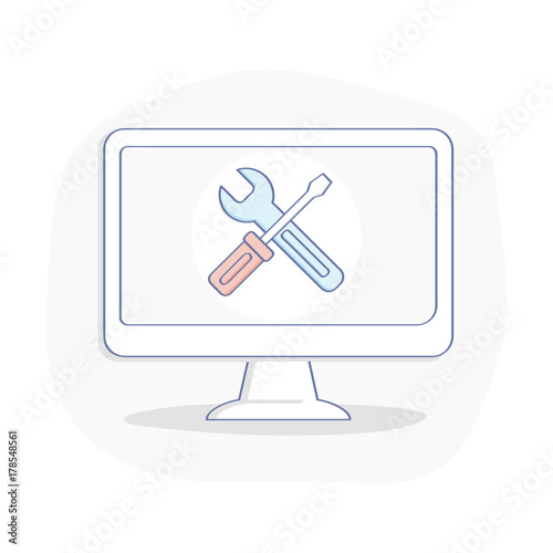 Repair Computer, Fix Service, Support, Adjustment vector icon. Wrench and Screwdriver on Display. Flat outline illustration symbol on white background. Modern clean design element.