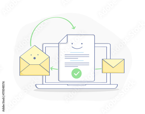 Email Marketing, Send Message concept. Laptop, the Document form, Envelope and Mail Letter. Flat Outline vector illustration in light colors. Premium quality design icon for website, app or banner.