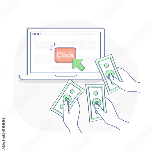 Pay Per Click Advertising model, CPC Online Marketing technology concept. Laptop with button "click" on display, hands giving money. Flat outline vector illustration on white background. 