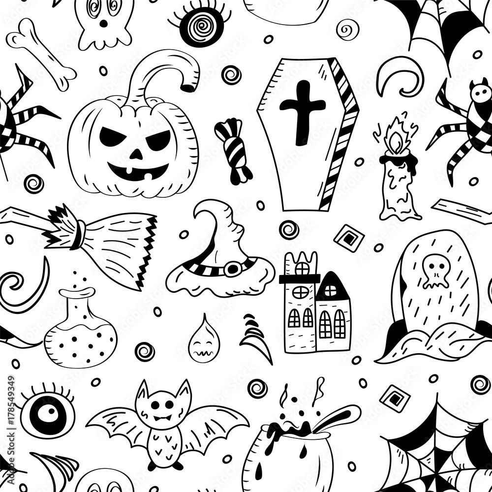 Premium Vector, Set doodle drawing hand drawn halloween black and white