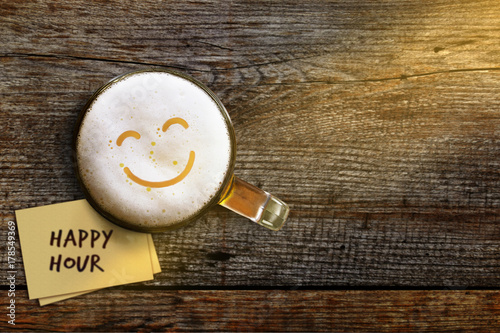 Photo Happy Hour Concept for Bar, Cafe or Night club to Promote an Offer, Smiley Face