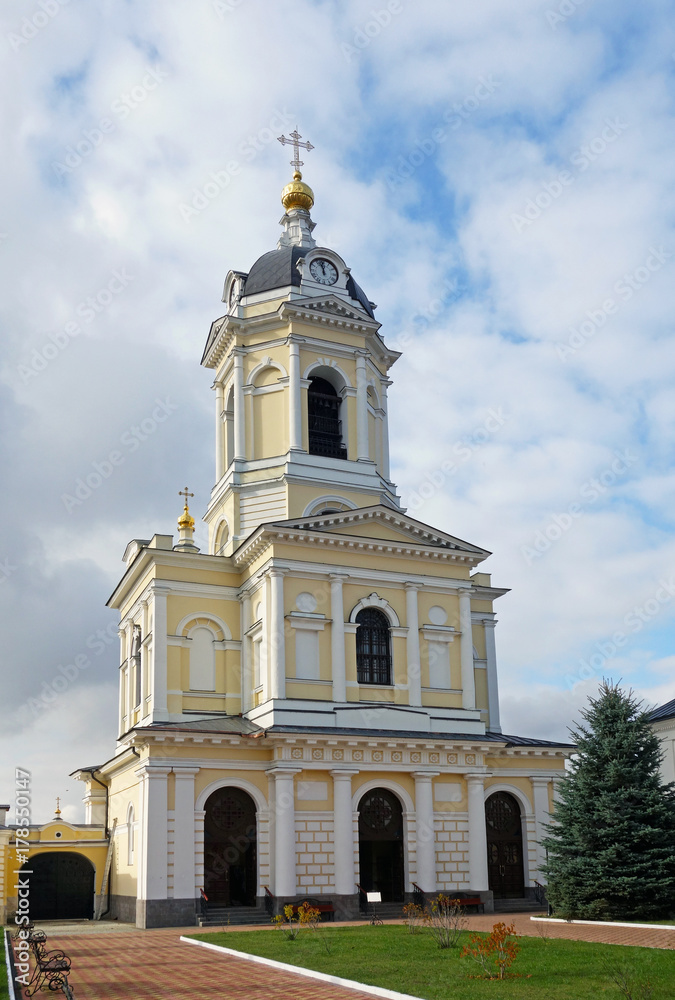 Vysotsky monastery in Serpukhov, Russia. The belltower and the gate Church of the three hierarchs. Orthodox monastery