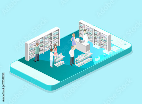 Isometric interior of pharmacy. Flat 3D infographic illustration