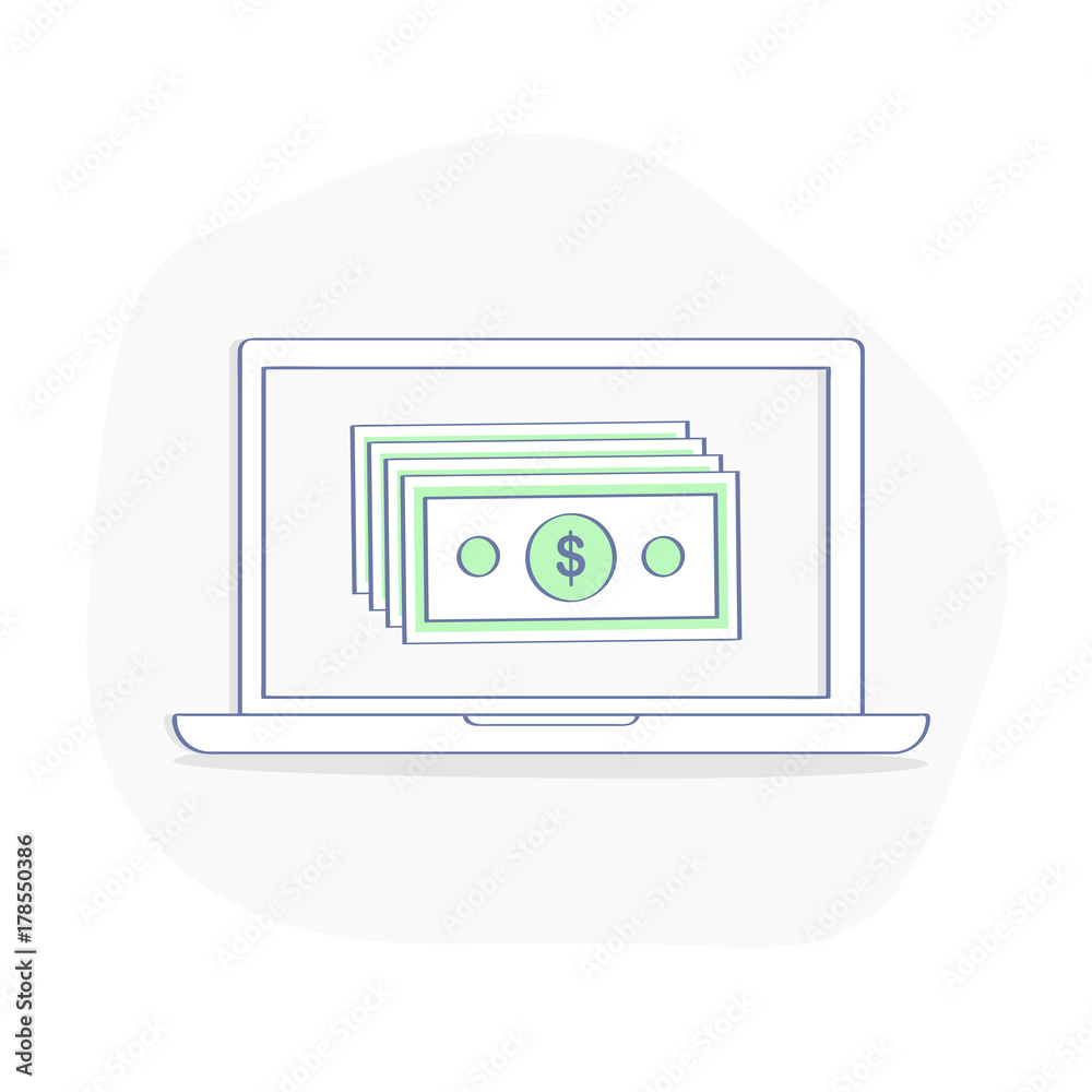 Online Bank, Make Money Online or Internet Banking concept. Computer display with pile of money. Business and Financial symbol. Flat outline vector illustration. Premium quality icon design. Online Bank, Make Money Online or Internet Banking concept. Computer display with pile of money. Business and Financial symbol. Flat outline vector illustration. Premium quality icon design.