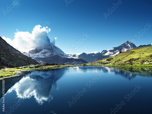 Reflection of Matterhorn in lake Riffelsee  Zermatt  Switzerland