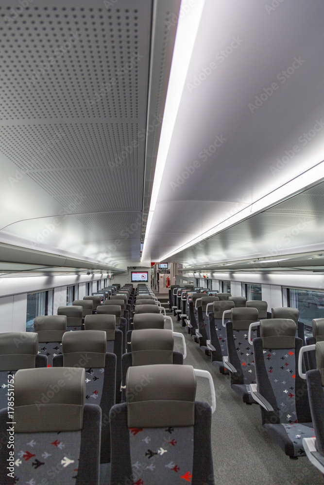 Fototapeta premium MOSCOW, RUSSIA - OCTOBER 27, 2017: The very first two-story high-speed train from the city to the airport. Interior 