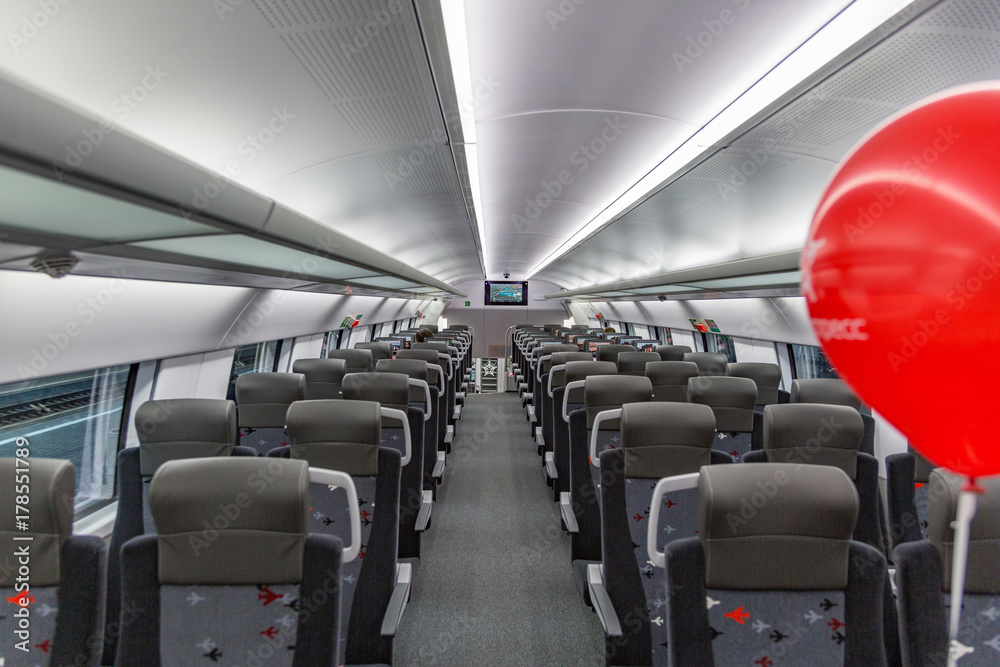 MOSCOW, RUSSIA - OCTOBER 27, 2017: The very first two-story high-speed train from the city to the airport. Interior
