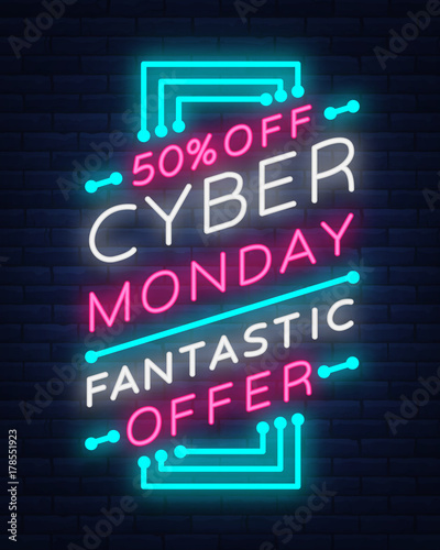 Cyber Monday concept banner in fashionable neon style, luminous signboard, nightly advertising advertisement of sales rebates of cyber Monday. Vector illustration for your projects