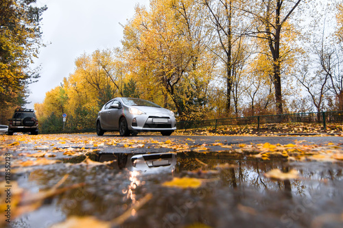 Silver car on autumn road in rainy day