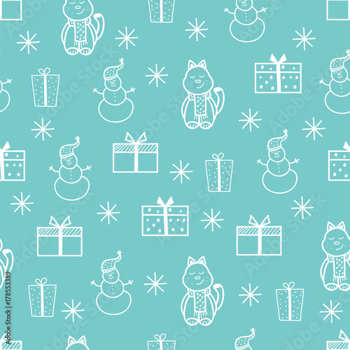 Hand drawn Merry Christmas and Happy New Year doodle seamless pattern