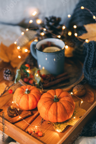 Glass of hot steaming tea and autumn plants