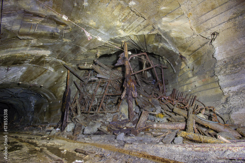 Underground abandoned ore mine shaft tunnel gallery