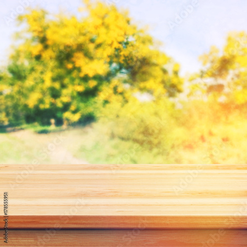 Table top on green blurred background. For montage product display or design key visual layout.