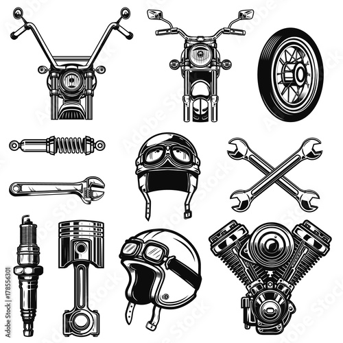 Set of vintage motorcycle design elements isolated on white background.