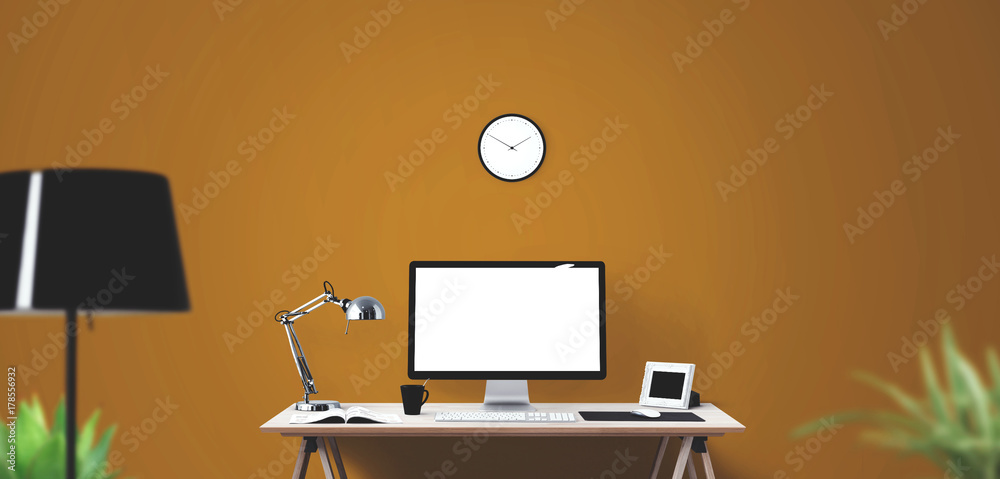 Computer display and office tools on desk. Desktop computer screen isolated. Modern creative workspace background. Computer display and office tools on desk. Desktop computer screen isolated. Modern creative workspace background.
