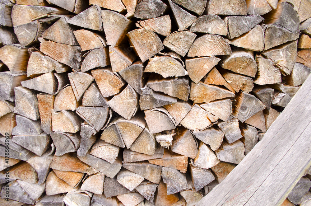 Background of splitted, dried and stacked firewood. Bunch of wood Background of splitted, dried and stacked firewood. Bunch of wood